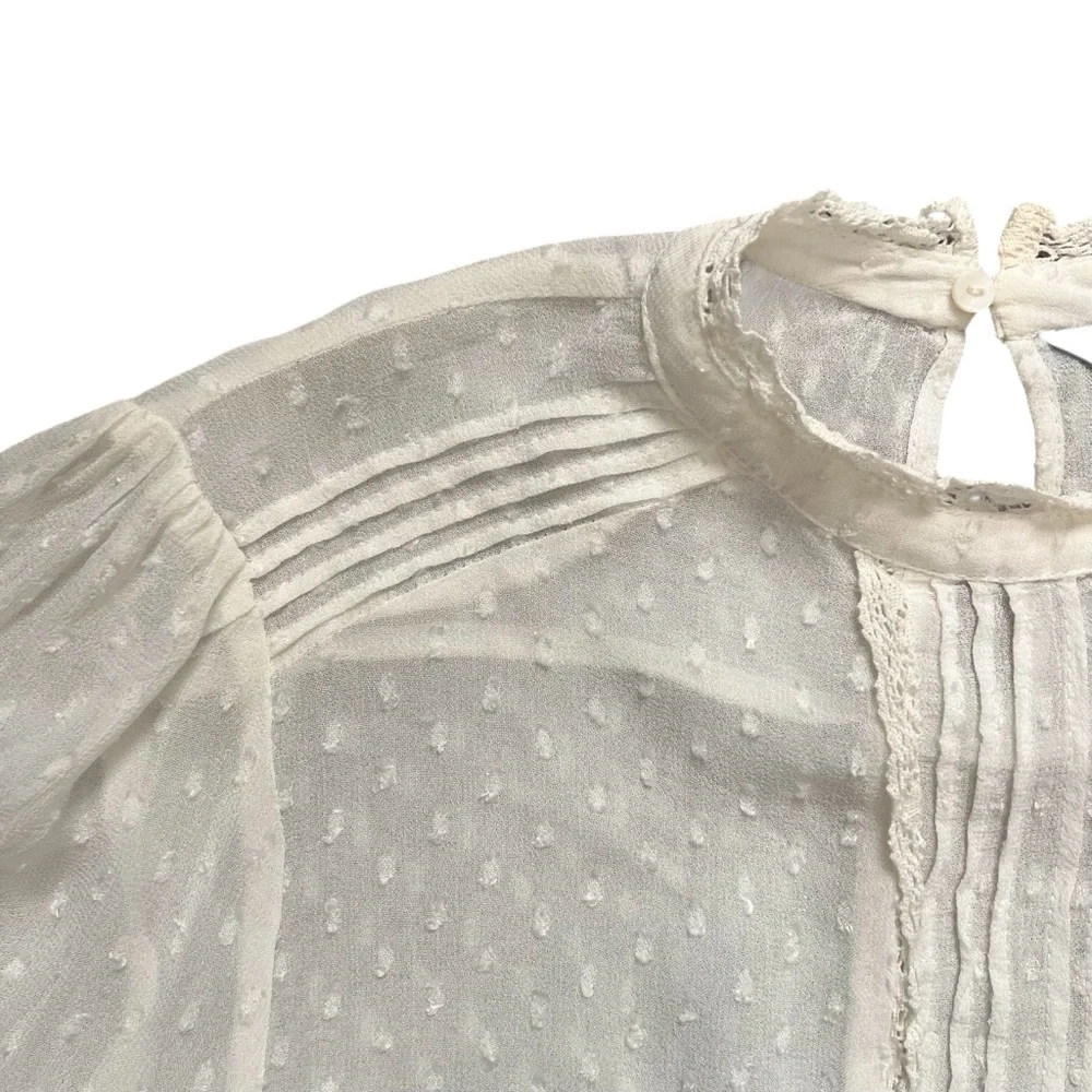 Zara Victorian Style Ivory Puff Sleeve Cowl Neck Sheer Lace Blouse Size XS